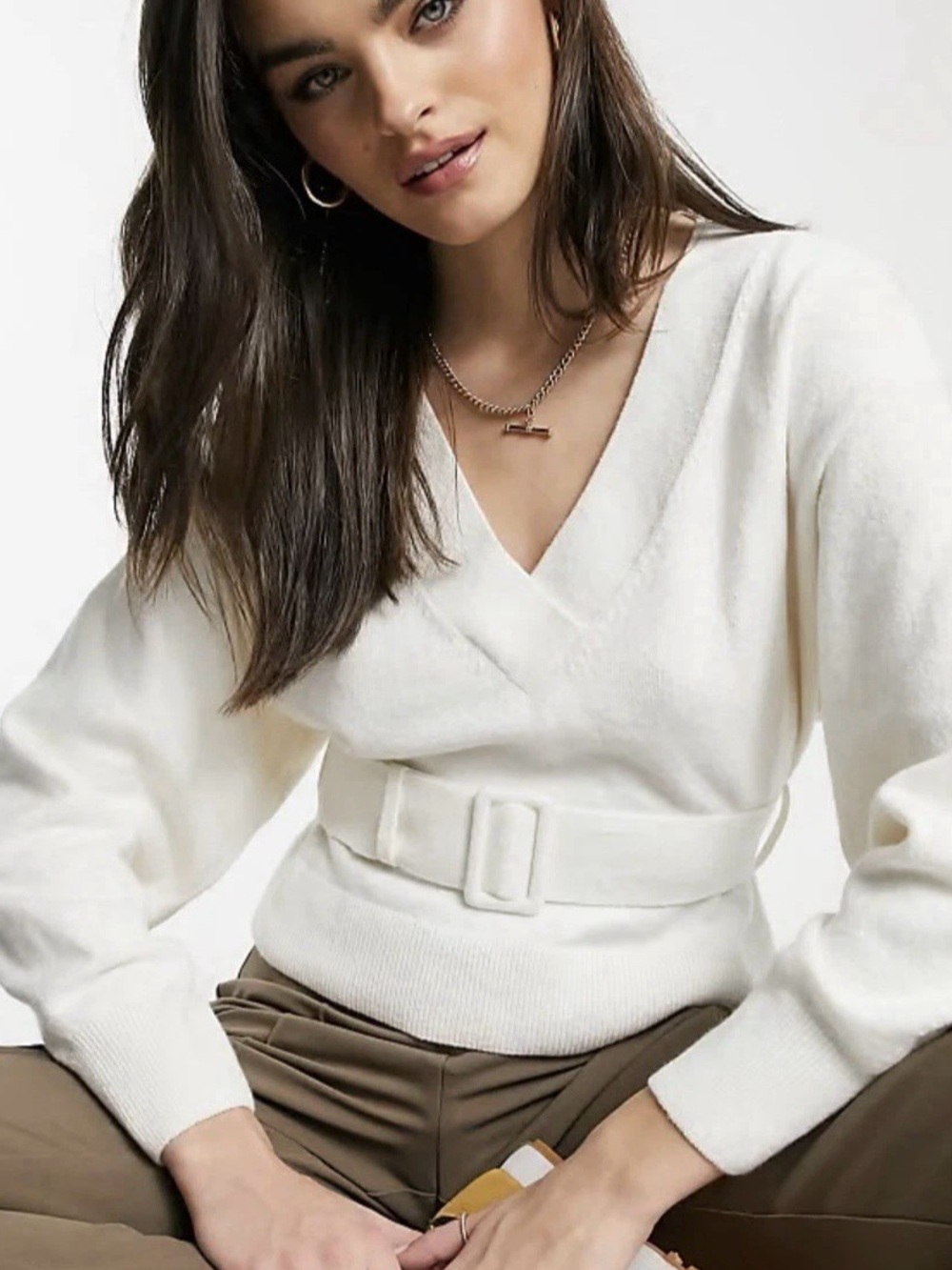 & Other Stories Belted balloon sleeve sweat in off white Size M